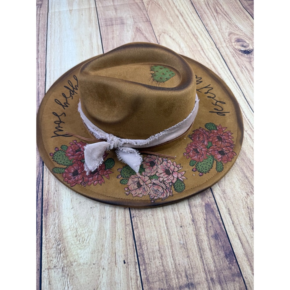 Custom Hand Painted Desert Heart Gypsy Soul Tan Wide Brim Fedora Hat
